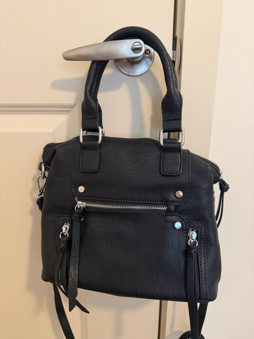 Black Leatherette Structured Satchel Handbag